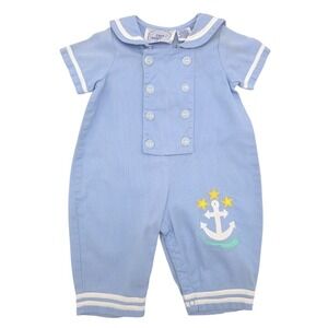 Vintage First Impressions Sailor Romper Kids Blue Nautical Anchor 12M